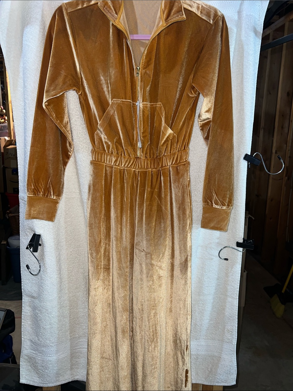 Fabletics Gold Velour Zip-Up Wide Leg Onesie